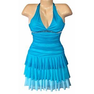City Triangles Blue Ombre Sequin Tiered Halter Mini Dress